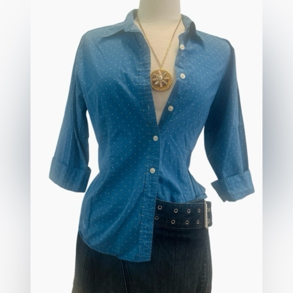 TALBOTS Blue Button-Up Shirt with Polka Dots